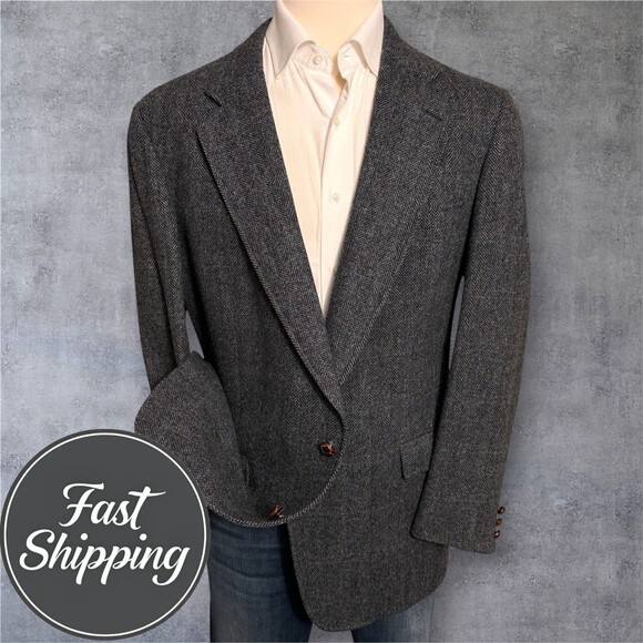 JUSTERS Vintage Men's 48L Gray Tweed Wool Blazer Sport Coat Two Button Jacket - Picture 1 of 14